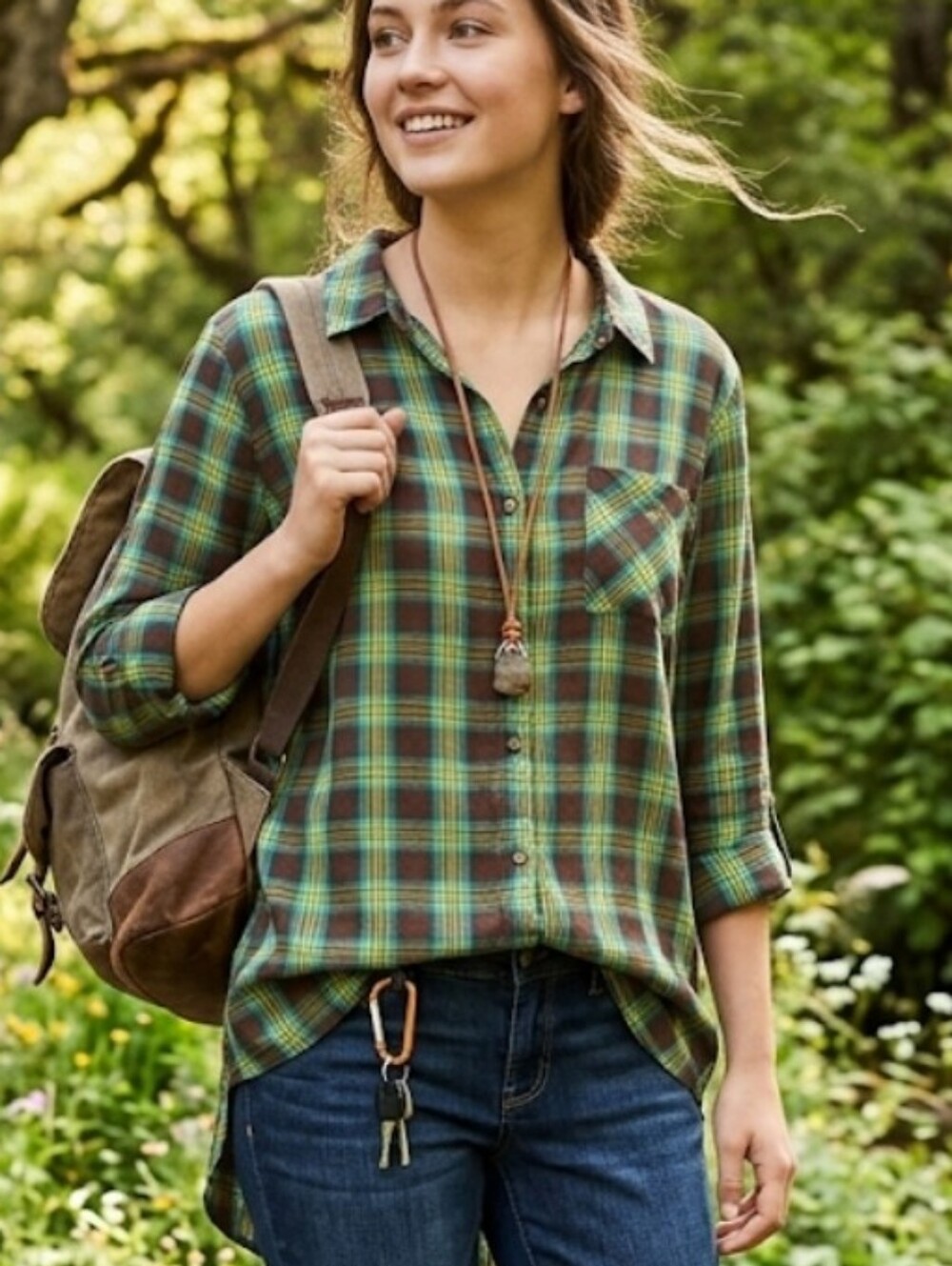 Cato Brown And Green Plaid Button-Up Shirt Size Large Cabincore Preppy